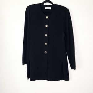 St. John Basics Santana Knit Jacket Medium Black Gold Buttons Padded Shoulder